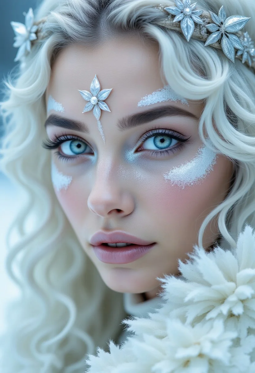 A striking close-up of a Nordic woman with icy blue eyes and platinum blonde hair, her skin appearing almost luminescent under cool-toned studio lighting. The pale color palette of white and silver creates an ethereal, surreal atmosphere, emphasizing her glass-like complexion.
,pinkhidreamfantasy, aidmamjv7