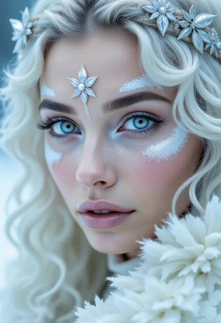 A striking close-up of a Nordic woman with icy blue eyes and platinum blonde hair, her skin appearing almost luminescent under cool-toned studio lighting. The pale color palette of white and silver creates an ethereal, surreal atmosphere, emphasizing her glass-like complexion.
,pinkhidreamfantasy, aidmamjv7