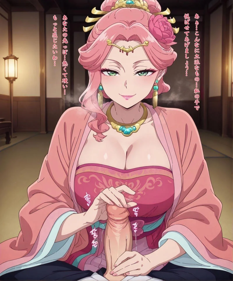 masterpiece, best quality, newest, absurdres, highres, detailed eyes, beautiful, detailed background, perfect eyes, anime coloring, anime screencap,
<lora:two-handed_handjob:0.9> two-handed_handjobV1,
1girl,breasts,penis, naughty face, half-closed eyes,
hetero,1boy, (glansjob,hand on the glans), pov, sound effects,
steam, looking at viewer, grab penis,
1girl, <lora:Gyokuyou_The_Apothecary_Diaries_IL_V1:1>, KJOgyokuyou, pink hair, green eyes, half updo, hair flower, hair ornament, single sidelock, pink lips, hair bun, earrings, necklace, pink hanfu, light blue sash, cleavage, large breasts,