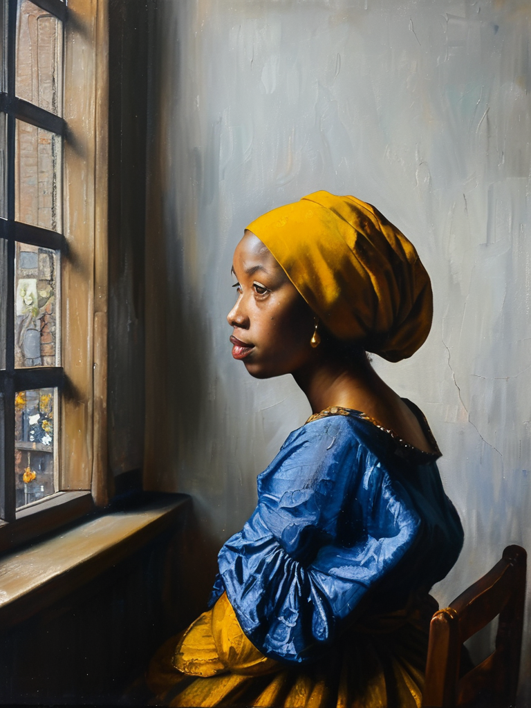 masterpiece,best quality,<lora:tbh122-sdxl:0.9>,portrait of man,oil painting,style of Jan Vermeer,black girl,