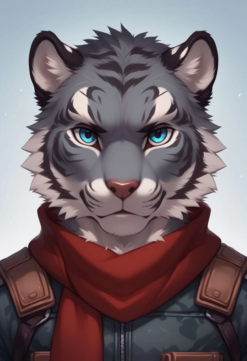 Gray tiger, male, Gray Fur, ((body fur)) , blue eyes, furry boy, tall body, military uniform, utility belt with various pouches and gear, camouflage pattern, cinematic style, 8k resolution, digital painting, solo, portrait headshot, red scarf