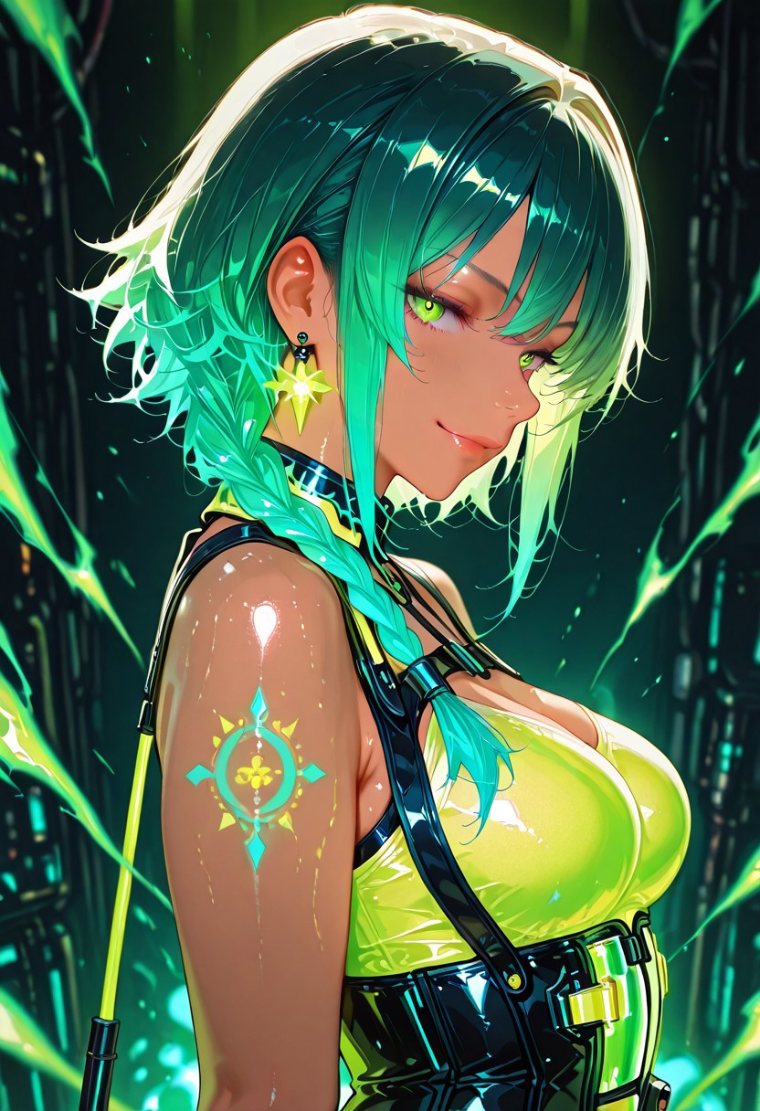1girl, long green hair, braided, tan skin, medium breasts, bouncy, shimmering skin, neon corset, glowing crystal rings, posing with energy burst, smirking, looking at viewer, from side
BREAK
toxic lab, glowing green vats, chemical steam, neon haze
BREAK
realistic anime style, ultra-detailed, 8K, absurdres, neon colors, depth of field, cinematic lighting, high contrast, acidic glow, sharp outlines, rich details, alchemical charm
BREAK
masterpiece, ultra-detailed, 8K, vivid colors, source_realistic:1.6, score_9_up, score_8_up:1.3, anime style, vibrant colors, high contrast, dynamic light, warm glow, sharp outlines, rich details, seductive atmosphere
