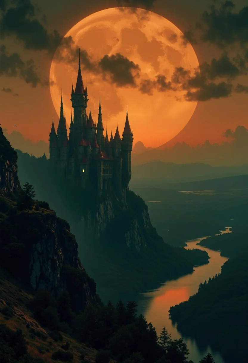 artilands02, a atmospheric Landscape painting in desaturated colors, film scene from Denis Villeneuve. Cinematography. Atmosphere of tension.
Dracula's castle, isolated on a rocky hill, as seen from far away on a bleaked orange moon-lit night, crimson roofs, towering over the landscape. His castle is tall and slender infront an endless Landscape scenery, atmospheric haze , ethdysty