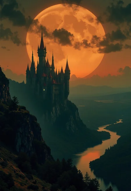 artilands02, a atmospheric Landscape painting in desaturated colors, film scene from Denis Villeneuve. Cinematography. Atmosphere of tension. 
Dracula's castle, isolated on a rocky hill, as seen from far away on a bleaked orange moon-lit night, crimson roofs, towering over the landscape. His castle is tall and slender infront an endless Landscape scenery, atmospheric haze , ethdysty