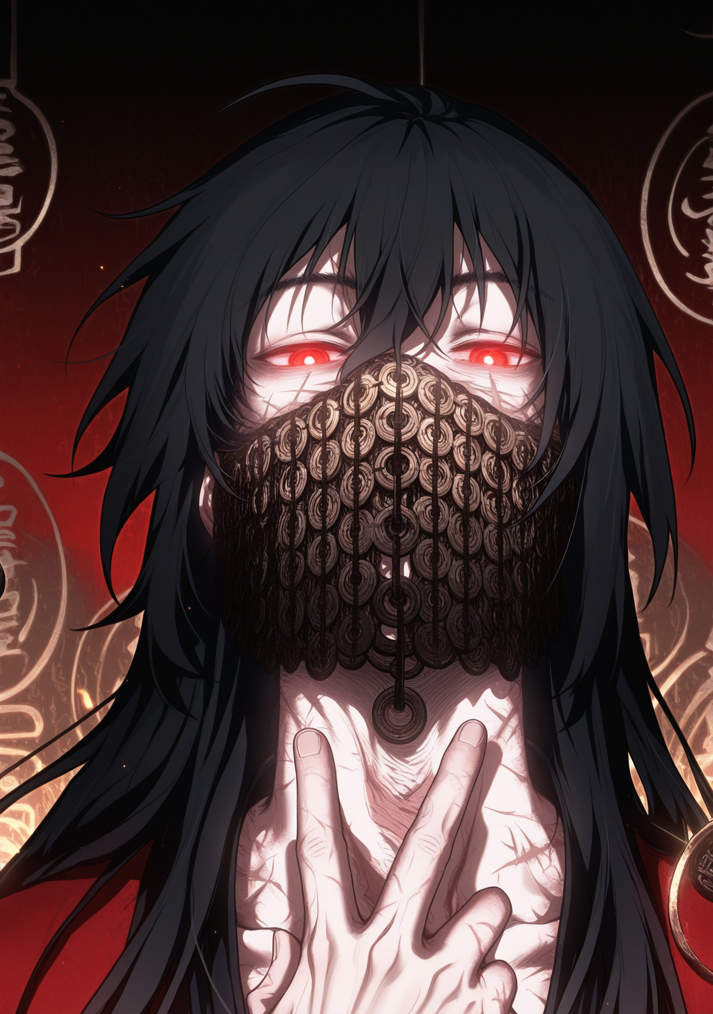 masterpiece,best quality,amazing quality,fud,
1boy,male,black hair,simple background,red clothes,copper coin veil,glowing eyes,scar,V,upper body,
lihuowang,<lora:lihuowang-000005:1>,