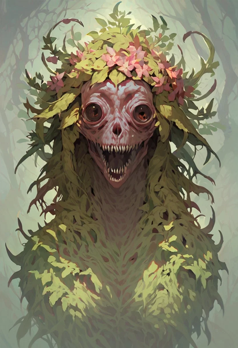 Masterpiece, very realistic, score_9, score_8_up, score_7_up, Source plant character, Plant transformation, solo, digital art, human/plant, body is becoming plant, plant character, anime girl, plant girl, monster girl, horrifying, scary character, horror art style, creepy background
