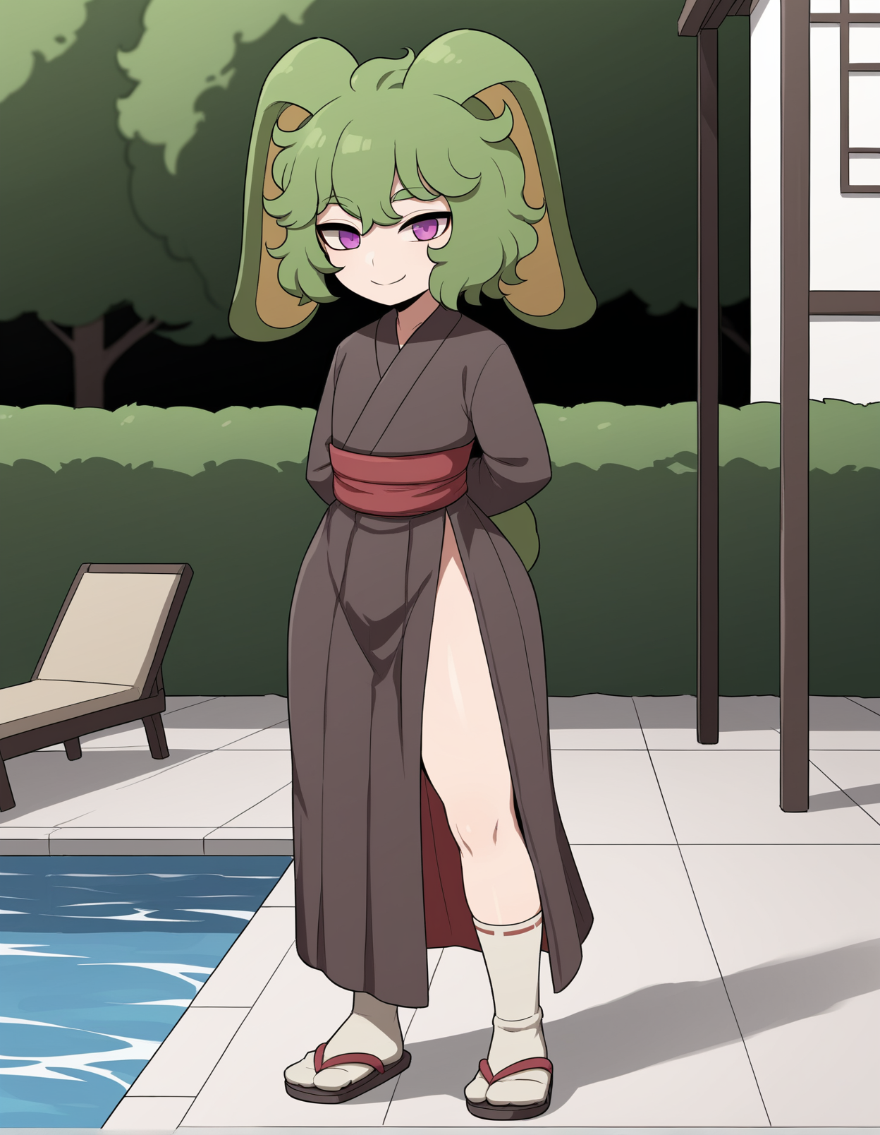 source_anime, score_9, score_8, score_7, score_6_up, male focus, otoko no ko,  wide hips, thick thighs, long ears, bunny ears,
tokuhaku, green hair, rabbit ears, 1boy, solo, purple eyes, rabbit tail, smiling,  feet, <lora:tokuhakuV1:0.7> standing, socks, sandals, kimono, side slit, outside, pool, cute,  hands behind back,