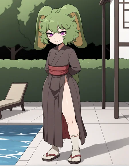 source_anime, score_9, score_8, score_7, score_6_up, male focus, otoko no ko,  wide hips, thick thighs, long ears, bunny ears,
tokuhaku, green hair, rabbit ears, 1boy, solo, purple eyes, rabbit tail, smiling,  feet, <lora:tokuhakuV1:0.7> standing, socks, sandals, kimono, side slit, outside, pool, cute,  hands behind back,