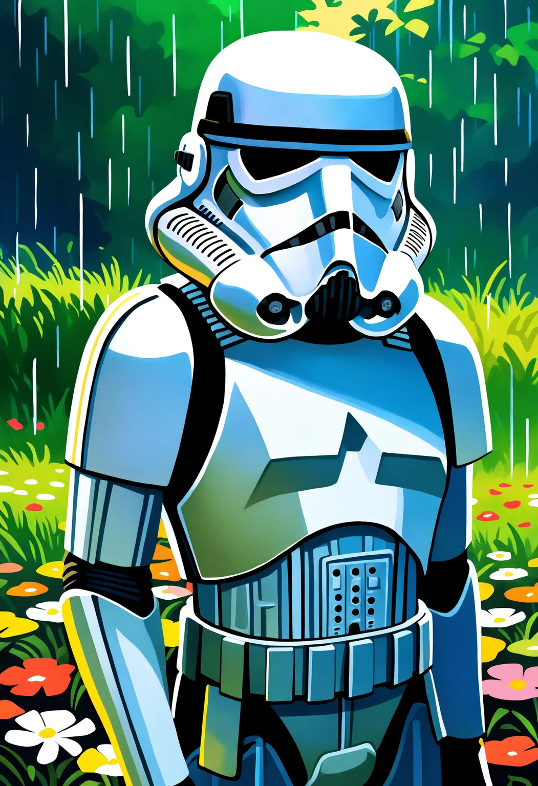 best quality, amazing quality, very aesthetic, absurdres,
1boy,
stormtrooper, helmet, armor, pants,
flower, grass, watercolor painting, rain, solo, upper body , <lora:StormtrooperNoobXL_byKonan:1>