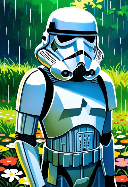 best quality, amazing quality, very aesthetic, absurdres,
1boy,
stormtrooper, helmet, armor, pants,
flower, grass, watercolor painting, rain, solo, upper body , <lora:StormtrooperNoobXL_byKonan:1>
