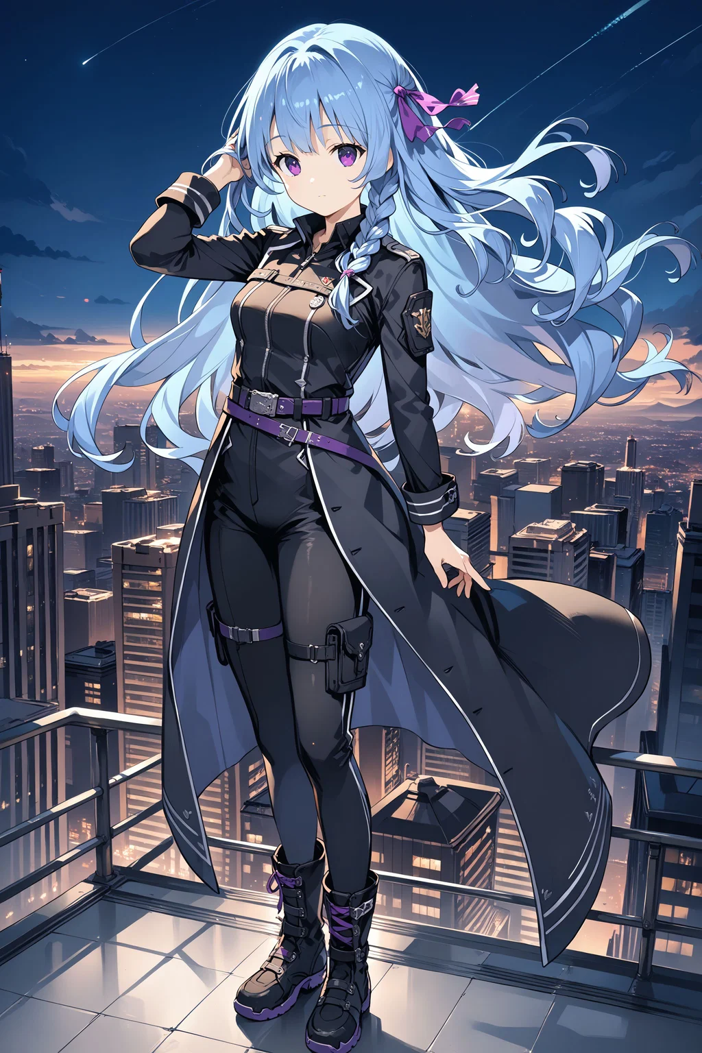 score_max, (score_9, score_8_up, score_7_up:1.2), score_6_up, official art, source_anime,
, masterpiece, absurdres, high detail, 8k,
night, skyscraper, city landscape, city lights, on rooftop, wind,
standing, adjusting hair, expressionless,
pixel art, felicette, side braid, hair ribbon, purple ribbon, black bodysuit, belt, black pants, black boots,
<lora:XL_Pony_game-marfushasg-felicette-t1:1>