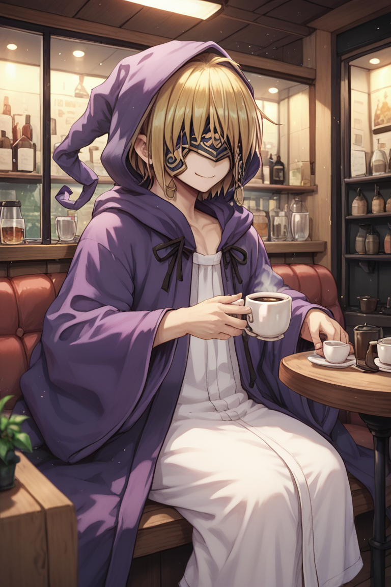 (score_9, score_8_up, score_7_up, score_6_up), source anime, BREAK, solo,  <lora:Nessiah-000013:0.70> , nesdef, 1boy, blonde hair, mask, covered eyes, robe, purple robe, hood up, interior, coffee shop, cafe, sitting, smile, closed mouth,  <lora:zy_Detailed_Backgrounds_v1:0.5> , detailed background, highly detailed,   <lora:backgroundsetXL:0.4> , background,  <lora:m4gXLP:0.8> , m4g,