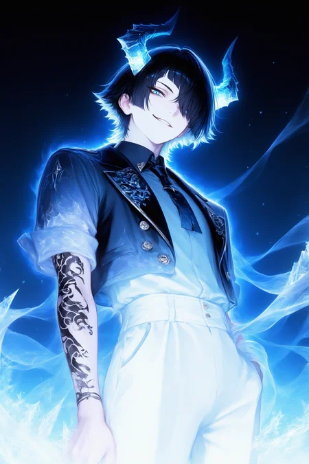1boy, demon boy, general,
demon horns, black hair, short hair, diagonal bangs, hair over one eye, tsurime, half-closed eyes, squint, blue eyes, slit pupils, eye trail, looking at viewer, looking down, smile, grin,
black jacket, open jacket, cropped jacket, white shirt, shirt tucked in, short sleeves, white sleeves, black necktie, (short necktie:0.9), shawl lapels, blue ribbon, floating ribbon, arm ribbon, arm tattoo, (black tattoo:1.4),
white pants, gold buttons, glint, hands in pockets,
pale skin, aura, fashion, formal clothes, uniform, open clothes,
cowboy shot, from below, from side, simple background, dark blue sky, star \(sky\), foreshortening,
blue theme, ice, (frozen:0.8), white outline, wind, no lineart, reflection, shiny,
confident, light particles, arrogant,
best quality, very awa, highres, newest