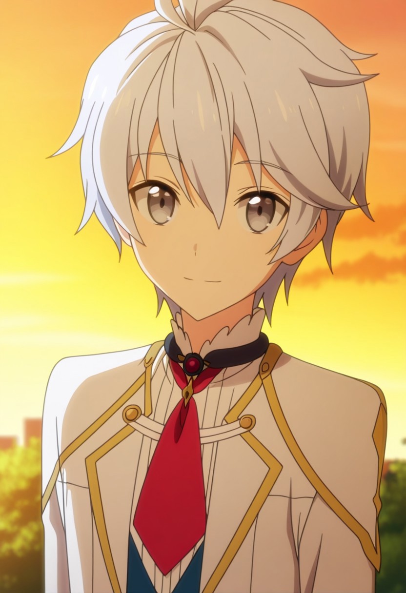 masterpiece, anime screencap, best quality, official style, soft details, smooth hair, 1boy, solo, male focus, looking at viewer, long sleeve, white collared shirt, necktie, school uniform, upper body, close up, skinny, cute, round face, bangs, youthful, outdoor, lux_arcadia, white hair, grey eyes, ahoge, hair between eyes, light smile