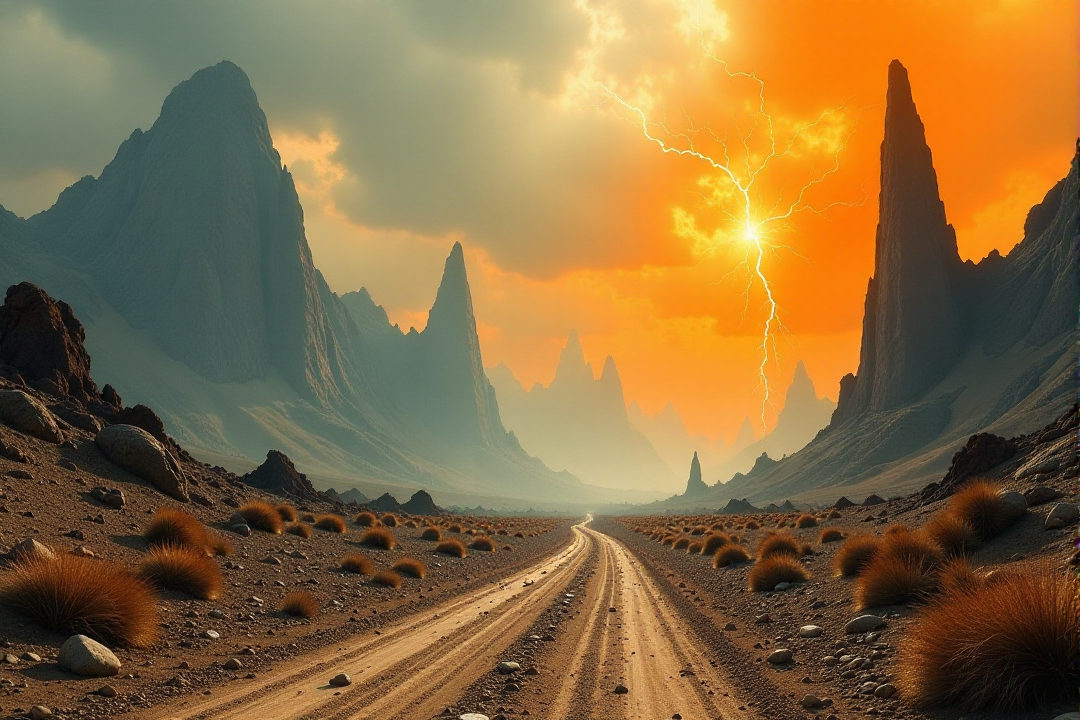 A post-apocalyptic wasteland rendered in Chrono-Impressionist Temporal Flux, where multiple time periods blend and shift. Use toxic orange and nuclear grey to represent different eras, creating a dynamic, time-bending compositionâââ