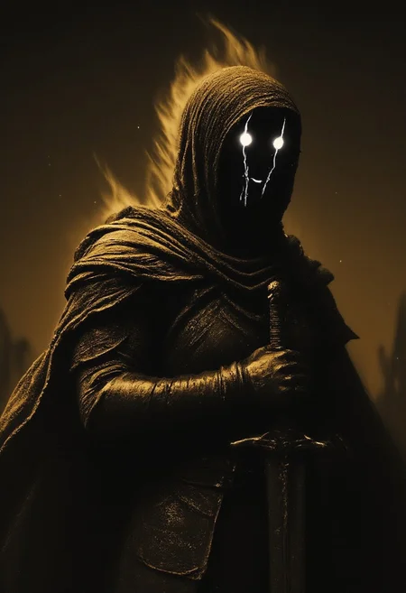 Extreme CloseUp of the hooded No Face, DARK movie still, heavy Film grain, monochrome with Low Key color Highlights, A vintage photograph of a mysterious witch hiding her face beneath a wide hood, with her facial contours completely obscured in shadow. Holding a giant sword that is endouring the light, Only one white, glowing eye is visible, radiating a faint white flame that gently flickers in the wind. An eerie eye trail casts a subtle light in the dark, highlighting her sinister presence. stand in the dark of night, partially illuminated by atmospheric backlighting from an almost-risen sun, with the shapes emerging hauntingly through the morning mist., No Face, billowing Long wide hood, outworn Cape and armored suit, in pain, dust, dirt, gritty, Film Noir Style, high contrast, deep blacks, vibrant amber and White/beige Pop art elements, soothing bleaked atmospheric lighting, eye-trails,