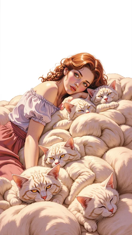 high-resolution anime-style illustration, impressionistic influences, wide-perspective shot of a young woman lying atop a hill-shaped pile of sleeping cats, pure white background. Her chestnut-brown hair is styled in intricate braided loops, a dreamy gaze in her golden eyes. She wears a flowing off-shoulder blouse and layered skirt, fabric draping over the soft fur. One arm rests on her stomach, the other extended, body sinking slightly into the plush surface. Smooth anime shading, delicate pastel hues, painterly brushstrokes, serene and surreal atmosphere <lora:ILLUSTRATION_(FLUX)_-_V3.1:0.4> <lora:Vintage_comic_book:0.8>