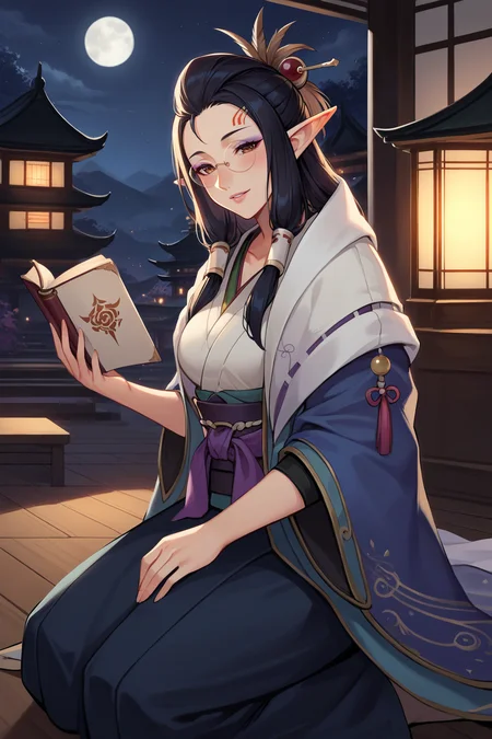 score_9, score_8_up, score_7_up, source_anime, 1girl, prefect lighting, very aesthetic, intricate details, highly detailed background, masterpiece, high quality, prefect hands, best quality, solo,
<lora:Third_Fleet_Master_MHW_V1:.85>, KJOtfm, elf, pointy ears, black hair, brown eyes, hair tubes, half updo, hairpin, feather hair ornament, long hair, forehead mark, purple eyeshadow, pink lips, big nose,
kimono, purple sash, white scarf, round glasses, 
light smile, parted lips, head tilt, blush, wariza, kneeling, holding book, from side, 
east asian architecture, night, moon, dark, wooden floor, indoors, table with tea, 
(Beautiful, medium Breasts:1.2), natural breasts,