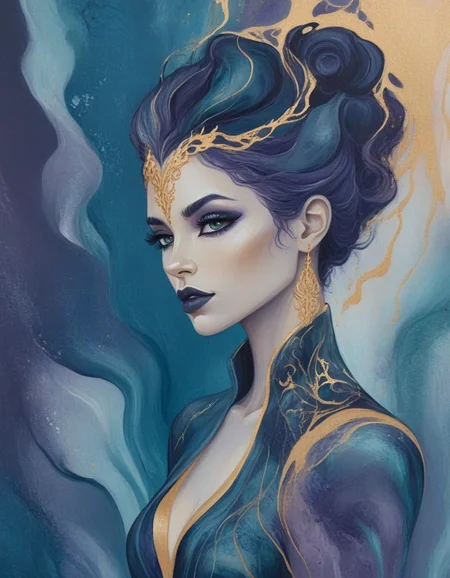 novuschroma86 style goth woman in gold, dark midnight blue, dark purple, dark teal, marbled paint <lora:novuschroma86 style_blue:1>