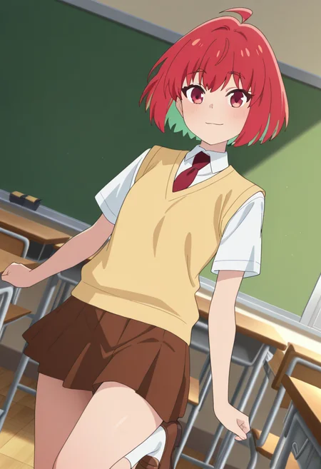 masterpiece,best quality,absurdres,perfect lighting,indoors,classroom,
*//*,<lora:HealerGirl_KanaFujii-Illustrious:1>,kana_fujii,1girl,solo,red hair,short hair,colored inner hair,red eyes,ahoge,school uniform, white shirt, collared shirt,short sleeves,red necktie, sweater vest, brown skirt, pleated skirt, white socks, shoes, brown footwear, loafers,
*//*,looking at viewer,cowboy shot,dutch angle,dynamic pose,light smile,
