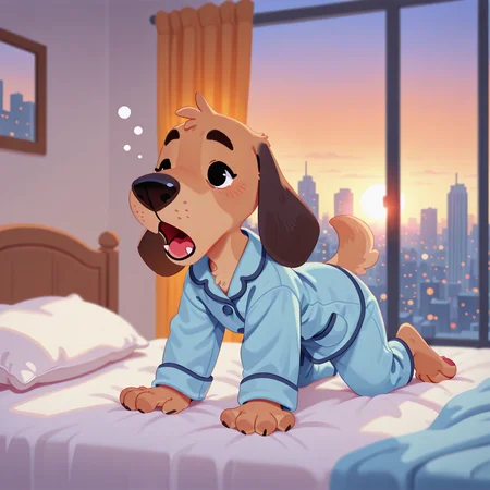 masterpiece, best quality, amazing quality, very aesthetic, absurdres, newest, cute, pikaole, solo, male, anthro, furry, dog, black ears, floppy ears, black eyes, brown fur, blue pajamas, yawning, tired, stretching, on bed, window, curtains, city, sunrise, (depth of field), (4 fingers), <lora:Striker_-_1994_FIFA_World_Cup_Mascot_Illustrious:1.2> <lora:pikaole:1>