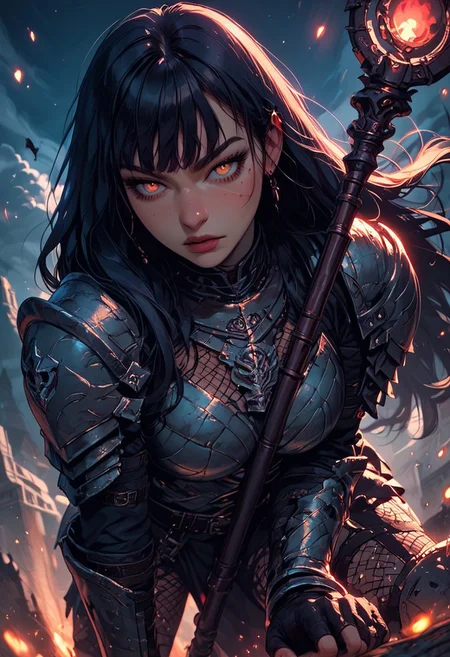 Score_9, Score8_up, Score_7_up, (((High Resolution, Best Quality))), 
1girl, beautiful, breasts, battle scarred, damaged armor, fishnets under armor, bangs, long hair, plated armour, holding staff, battle stance, dynamic angle, ancient fantasy city, battle-ready stance, dynamic pose, at night, moonlight, riding a nimbus cloud, nimbus, wukong theme, directional lighting, viewed from above,