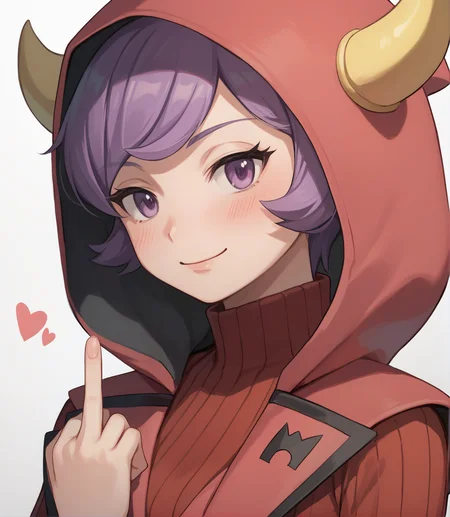 score_9,score_8_up,score_7_up,score_6_up,source anime BREAK,
1girl, courtney (pokemon), purple hair, bangs, eyelashes, purple eyes, short hair, medium breasts,
hood, hood up, horned headwear, team magma uniform, ribbed sweater, fake horns, turtleneck dress, hoodie, middle finger, 
portrait, blush, smile,
 <lora:courtney_v1_0:1>