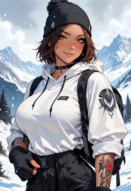 highres, very detailed, amazing quality, masterpiece,
very aesthetic,
glitter, particle effect,
1girl, solo, tan skin, toned arms, Covered in Tattoos, tattoo, arm tattoos, neck tattoos, chest tattoos, Winter coat, hoodie beanie, large breasts, choker, knit gloves, visible shoulders, sleeves rolled up, forearms visible, 
seducing, seductive, flirty, tender, loving, playful, looking at viewer, smirk, 
Hiking on a mountain, snowing, Cloudy Sky,