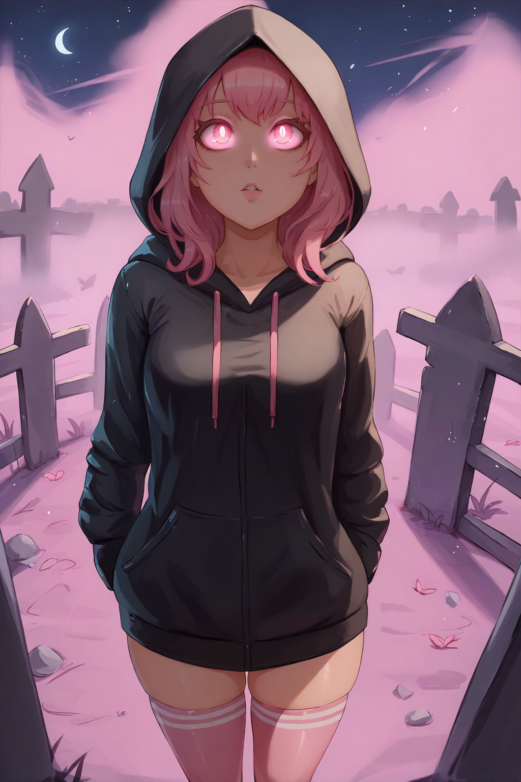 score_9, score_7_up BREAK  <lora:miraihikari:1> 1girl, black hoodie, graveyard, pink glow, hood up, pink eyes, glowing eyes, hands to the sides, looking up, dark, night, cowboy shot, pink fog, thighhighs