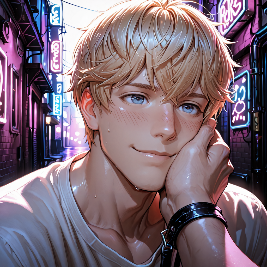 masterpiece, best quality, amazing quality, ultra-detailed, absurdres, highly detailed, cinematic lighting, realistic shading, intricate details, soft lighting, high contrast, depth of field, shiny skin, 1 boy, male focus, <lora:LoveProducer_Kiro:0.8> Love_Kiro, Love_Kiro_blond_short_hair, Love_Kiro_blue_eyes,  Eyes softened with warmth, lips parted slightly in a tender smile, gentle blush across the cheeks, gaze filled with devotion, soft lighting accentuating his features.,  Poses/BDSM GROK, Clothes/clothing_sensual, Angles/angles_3_4_body,  neon lit alley with rust, Backgrounds/crazy effect backgrounds,  <lora:Style_4k-data_lora_webui:1.5>, <lora:nori31291404_Style_:0.33> noristyle, <lora:NoNameStyleVPRED10:0.33> nonamestyle, <lora:ppw_v7_Illuv1.0_1_r2:0.5>, <lora:Accelerater_ILL_PAseer:1>