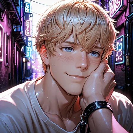 masterpiece, best quality, amazing quality, ultra-detailed, absurdres, highly detailed, cinematic lighting, realistic shading, intricate details, soft lighting, high contrast, depth of field, shiny skin, 1 boy, male focus, <lora:LoveProducer_Kiro:0.8> Love_Kiro, Love_Kiro_blond_short_hair, Love_Kiro_blue_eyes, Eyes softened with warmth, lips parted slightly in a tender smile, gentle blush across the cheeks, gaze filled with devotion, soft lighting accentuating his features., Poses/BDSM GROK, Clothes/clothing_sensual, Angles/angles_3_4_body, neon lit alley with rust, Backgrounds/crazy effect backgrounds, <lora:Style_4k-data_lora_webui:1.5>, <lora:nori31291404_Style_:0.33> noristyle, <lora:NoNameStyleVPRED10:0.33> nonamestyle, <lora:ppw_v7_Illuv1.0_1_r2:0.5>, <lora:Accelerater_ILL_PAseer:1>