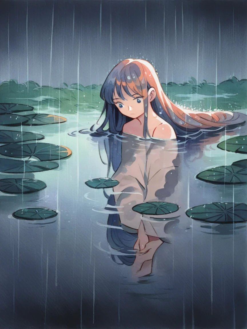 source_anime, score_9, score_8_up, score_7_up, score_6_up, score_5_up, <lora:h31k4l4XLP:1> h31k4l4, watercolor, long hair, blue, water, rain, 1girl