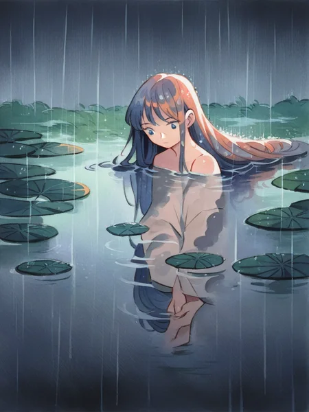 source_anime, score_9, score_8_up, score_7_up, score_6_up, score_5_up, <lora:h31k4l4XLP:1> h31k4l4, watercolor, long hair, blue, water, rain, 1girl