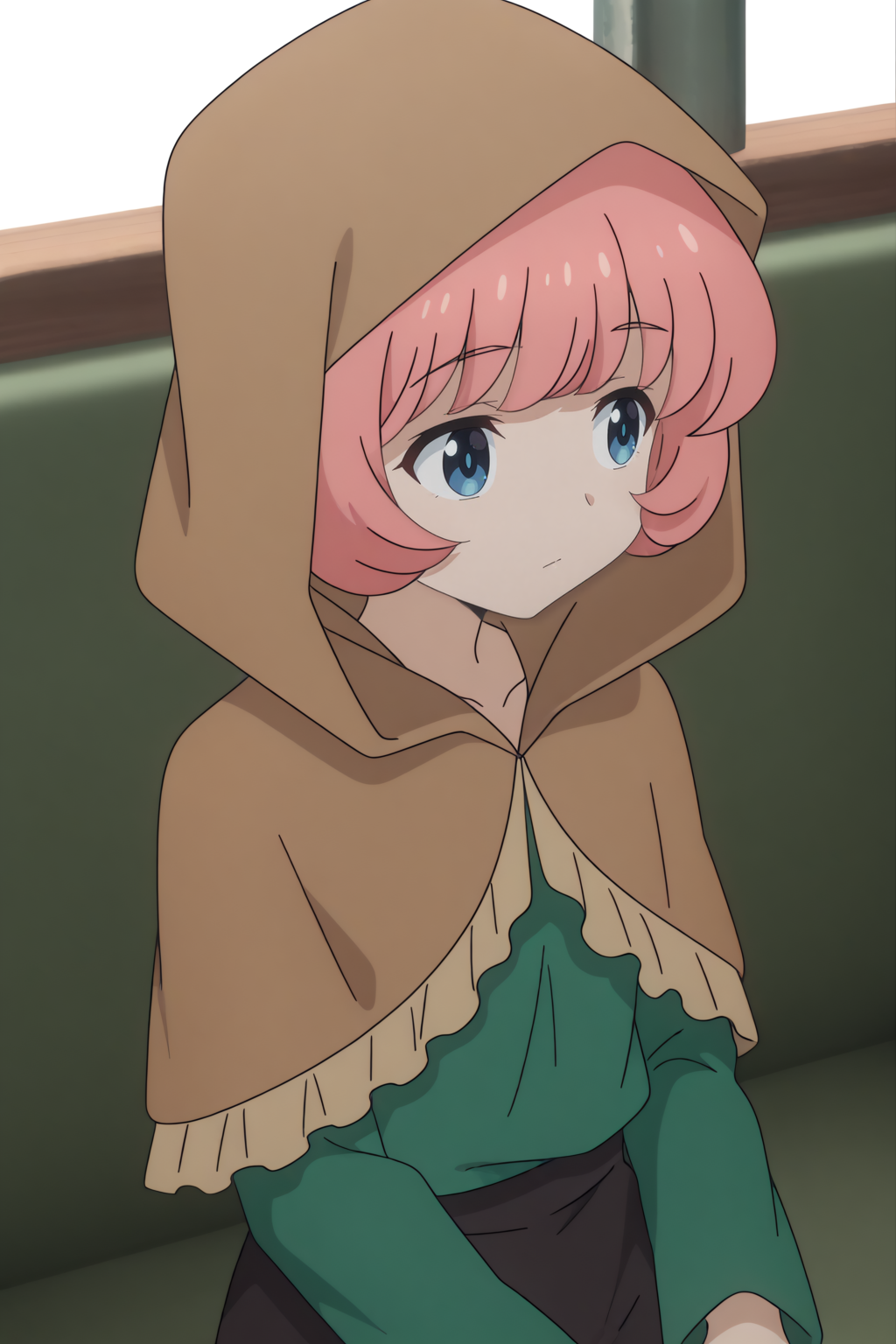 newest, upper body, Travel Shoujo,  short hair, hood up, long sleeves, capelet, black skirt, green shirt <lora:Konosuba_Bakuen_-_Travel_Shoujo_-_illustrious:0.8>