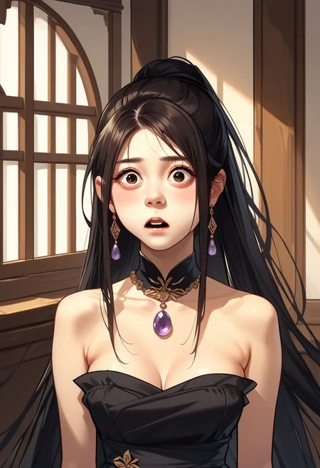 score_9, score_8_up, score_7_up, 8k uhd, masterpiece, best quality, high quality, absurdres, ultra-detailed, (highly detailed), OverallDetail, Expressiveh,
,
((( Uncensored, face close-up view )))
,
(((1girl, solo)))
,
(MirandaT, slender, black hair, long hair, straight hair, purple necklace, black eyes, strapless dress, black dress)
,
((( WoodenHW, background, indoor)))
,
((( Shocked)))