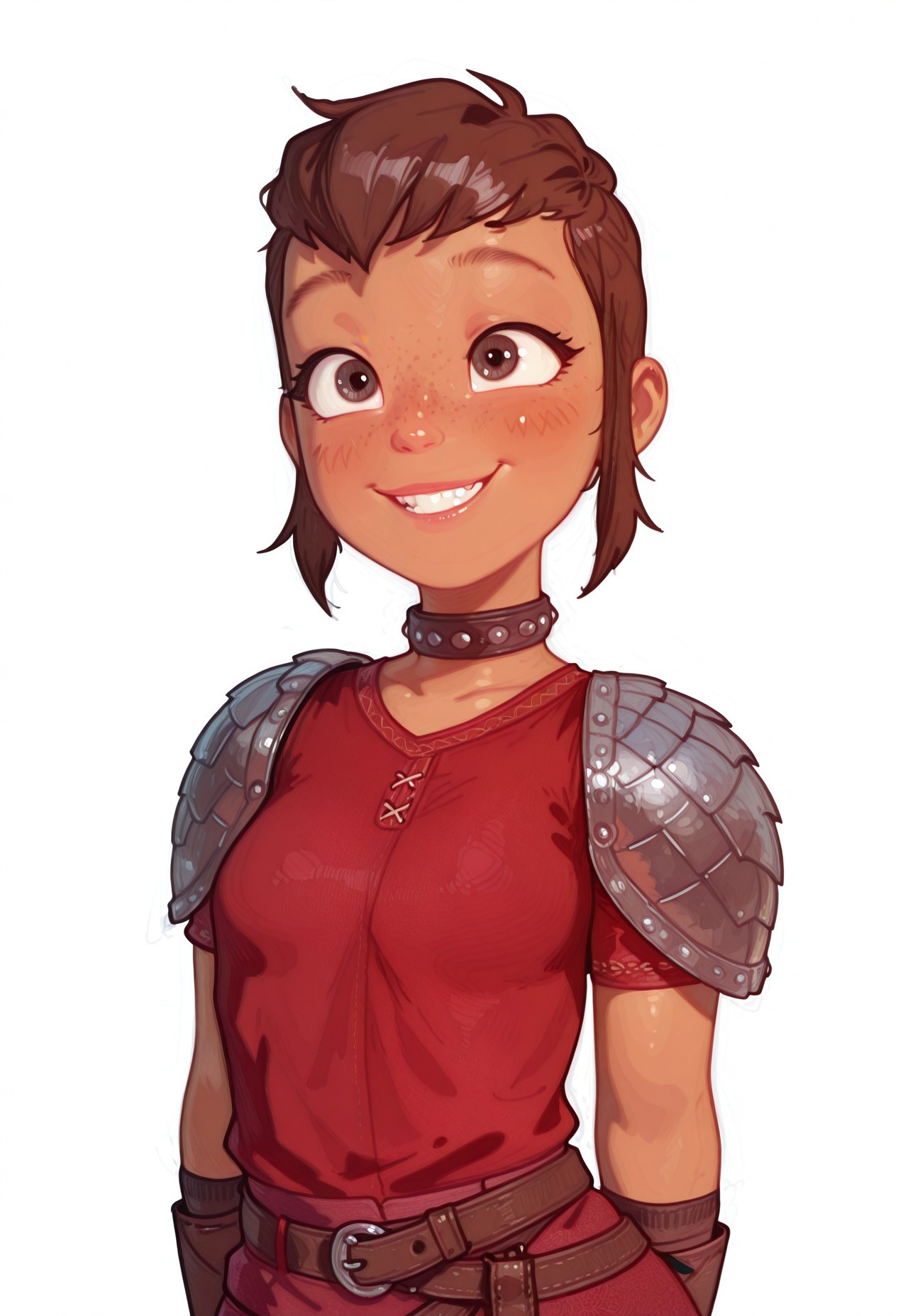 safe_pos, best quality, masterpiece, very aesthetic, absurdres, highres, detailed, detailed skin, HD, 4K, geh1, galacticmichi, semi-realistic, rimixa, possmach, arrusa, orenji, 1girl, solo, Nimona_T1, black-brown eyes, smile, blush, vv, face focus, petite, small breasts, red tunic, long fingerless gloves, shoulder armor, big choker, belt, skirt, armored pants,