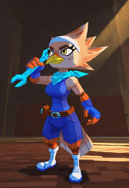 (beautiful, masterpiece, absurd res, detailed, dynamic lighting), artist:atlyss, 3d \(artwork\), low poly, 1girl, solo, k41k0, female furry bird, avian, beige feathers, beige hair, spiky hair, beak, yellow beak, yellow eyes, bird tail, teal scarf, white hairband, blue gloves, fingerless gloves, blue tank top, blue shorts, belt, white footwear, holding wrench, battle stance