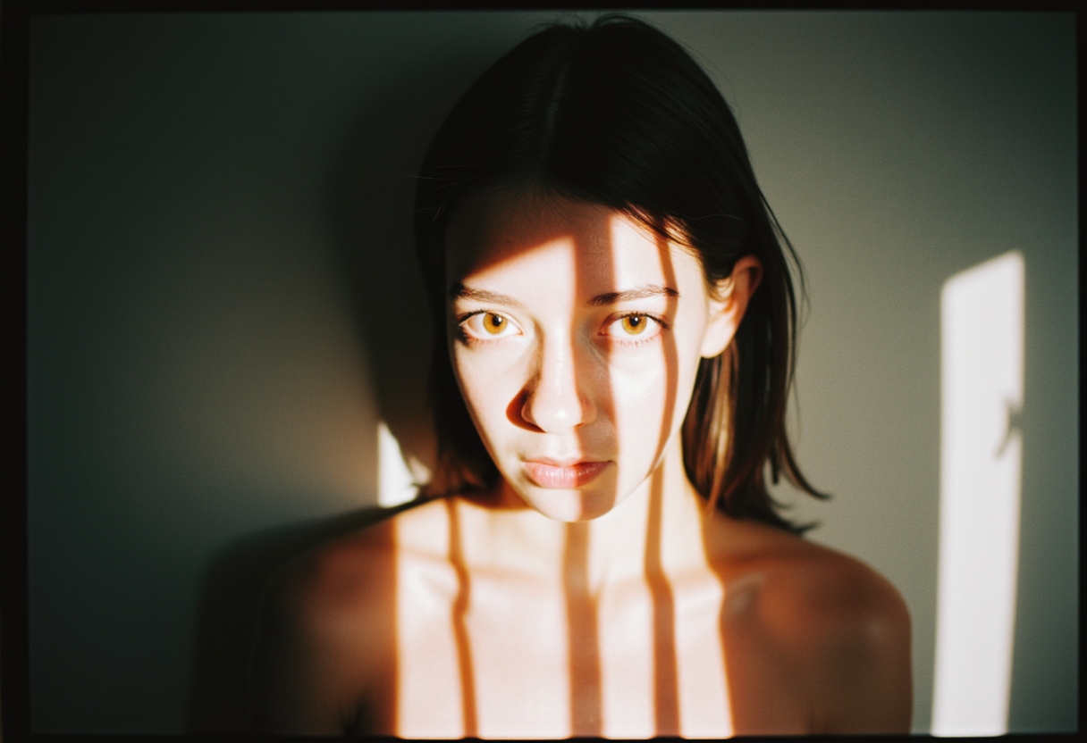 (cinematic mood Soft Lighting Photography), Photorealistic portrait of a typical young woman from the country of Sweden, topless boobs out, revealing her perfect body, wearing sexy modern panties posing for a boudoir photograph, raw photo, canon full frame, irresistible beauty, (patterned illumination), casting shadow style, casting intricate shadow , split lightning style, ((very pale skin)), emotive, highly detailed, realistic photography, finely detailed skin, detailxl,