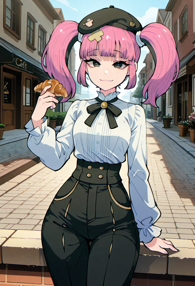 masterpiece, best quality, 1girl, solo, smile, looking at viewer, sitting,   [French Chic Sidewalk], zzSango2, pink hair, twintails, blunt bangs, hair ornament, black eyes, 1girl, solo, beret, white blouse, high-waisted trousers, kitten heels, croissant in hand, cobblestone street, morning cafÃ© ambiance â zzSango2 walks past a quaint cafÃ©, her blouse tucked flawlessly into sleek trousers, beret tilted just so. Pink twintails bounce with each step as she bites into a flaky croissant, the early sun casting gold onto the cobblestones. Her expression is calm, poised â Parisian grace with a pop of pastel charm.     ,narrow waist, wide hips, cowboy shot,   ,<lora:SangoTimeSkipPokemon_IXL:1.0>,  C0utur3Cr4z3, <lora:CoutureCraze_IXL:0.5>,