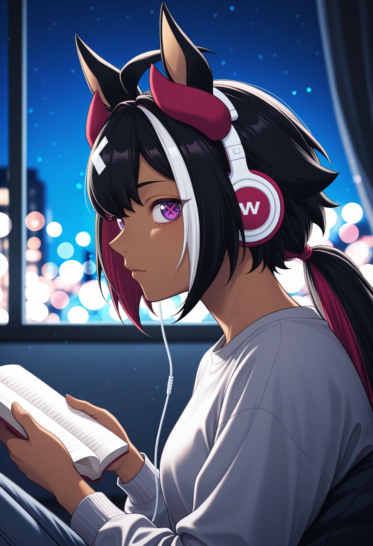masterpiece,best quality,absurdres,highres,very aesthetic,high quality,detailed,insanely detailed,beautiful,perfect lighting, ,depth of field,blurry background,bokeh, looking at viewer, 
 <lora:Mill Wakaba illu:1> 1girl, dark skin, dark-skinned female animal ears, horse girl, horse tail, cross-shaped pupils, purple eyes, streaked hair, ahoge, multicolored hair, black hair, white hair, low ponytail, 
casual oufit, upper body, sit, loffy girl, headphone, listening music, reading book, windows, night, from side,