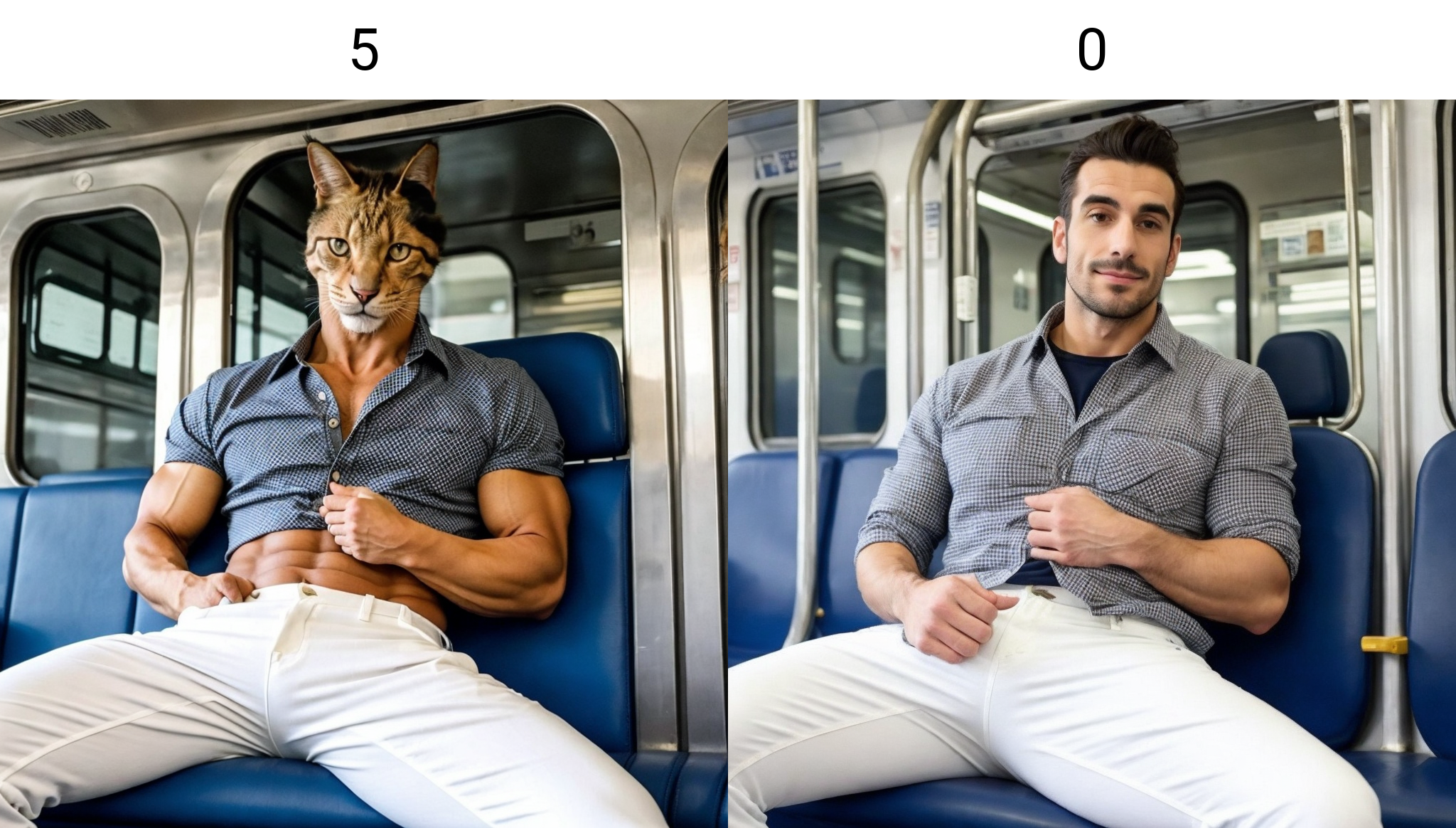muscular french man, flannel shirt, in train, manspreading, white pants, <lora:cat_slider_v10:5>