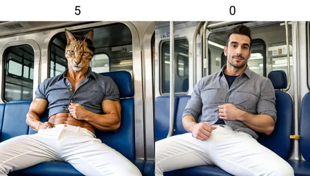 muscular french man, flannel shirt, in train, manspreading, white pants, <lora:cat_slider_v10:5>