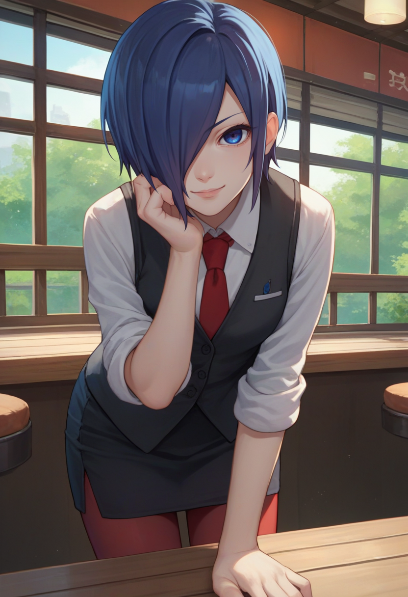 score_9, score_8_up, score_7_up, source_anime, solo, 1girl, kirishima touka, seductive smile, looking at viewer, leaning forward, blue hair, hair over one eye, blue eyes, white shirt, necktie, sleeves rolled up, black vest, pencil skirt, red pantyhose, indoors, cafe <lora:tokyoghoul_kirishima_ponyXL:1>
