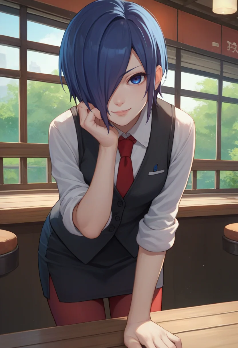 score_9, score_8_up, score_7_up, source_anime, solo, 1girl, kirishima touka, seductive smile, looking at viewer, leaning forward, blue hair, hair over one eye, blue eyes, white shirt, necktie, sleeves rolled up, black vest, pencil skirt, red pantyhose, indoors, cafe <lora:tokyoghoul_kirishima_ponyXL:1>