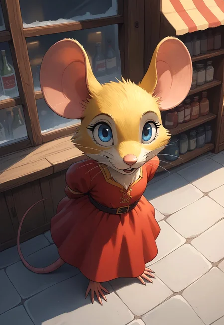 score_9, score_8_up, score_7_up, score_6_up, score_5_up, score_4_up, solo, (fluffy:0.8), (((mouse))), (feral:1), female, claws, (fluffy cheeks:0.7), in the style of beatrix potter, (cute), (tall:0.5), yellow fur, yellow ears, blue eyes, red dress, expressive, (look at viewer), expressive, dynamic pose, detailed background, ncpy43 style, village street, flat color, hands behind back, high angle view, shop window