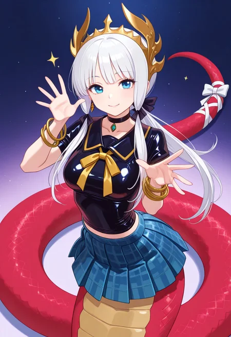 latex, latex polo shirt, latex short sleeves, latex plaid skirt, pleated skirt, dynamic pose, <lora:PADechidna_SDXL_illustrious_fp16_ver03_AdamWSHF:1>,PADechidnaU, 1girl, lamia, monster girl, white hair, blue eyes,tail ornament, tail,headdress, choker, earrings, tail, bow, bangle, happy, loincloth, red scales, smile, looking at viewer, masterpiece, best quality, very aesthetic, absurdres,<lora:detailed_hands:1>,hand, fully clothed, sfw