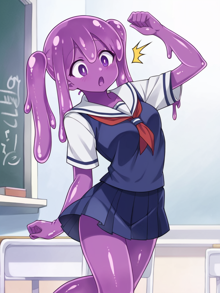 source_anime, slime girl, purple skin, goopy, oozing, surprised, twintails, sailor uniform, indoors, classroom, chalkboard background, <lora:slimegirlsupremacy:1>