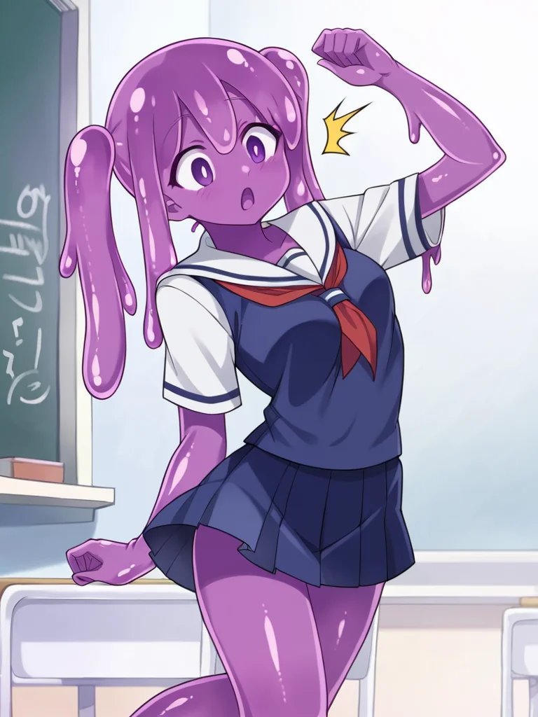 source_anime, slime girl, purple skin, goopy, oozing, surprised, twintails, sailor uniform, indoors, classroom, chalkboard background, <lora:slimegirlsupremacy:1>