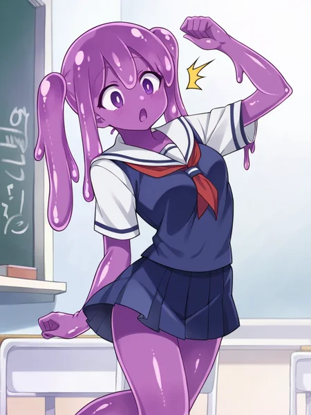 source_anime, slime girl, purple skin, goopy, oozing, surprised, twintails, sailor uniform, indoors, classroom, chalkboard background, <lora:slimegirlsupremacy:1>