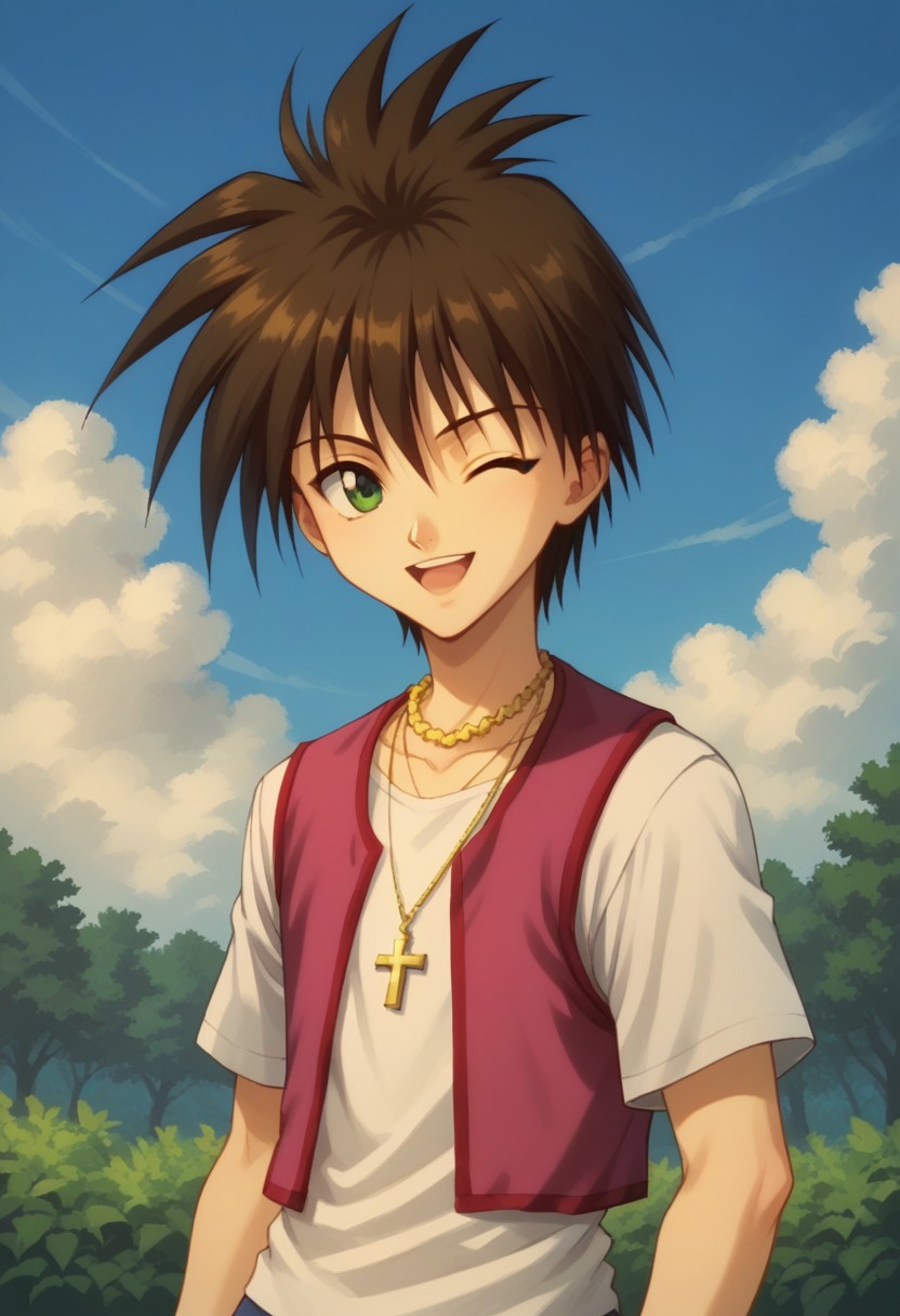 score_9, score_8_up, score_7_up, source_anime, highly detailed, 
kaoru, solo, 1boy, male focus, one eye closed, jewelry, necklace, vest, brown hair, spiked hair, green eyes,
open mouth, cross, smile, shirt, arms at sides
outdoor, sky, cloud, trees